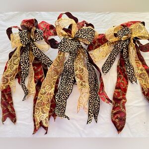 CUSTOM 3 Pc Set Maximalist Leopard Red & Gold Christmas Tree Bows Holiday Decor